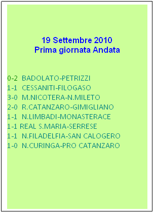 Casella di testo: Classifica Terza Giornata
 M.NICOTERA                   9
 R.CATANZARO                9
 N.CURINGA                      7   
 REAL S.MARIA                 7
 SAN CALOGERO             5 MONASTERACE               5
 PRO CATANZARO           4
 CESSANITI                       4
 N.LIMBADI                        4
 PETRIZZI                          3
 SERRESE                         3
 N.FILADELFIA                   2
  BADOLATO                      1
 N.MILETO                         1
 FILOGASO                        1
 GIMIGLIANO                      0

 
 
 
 
 
 
